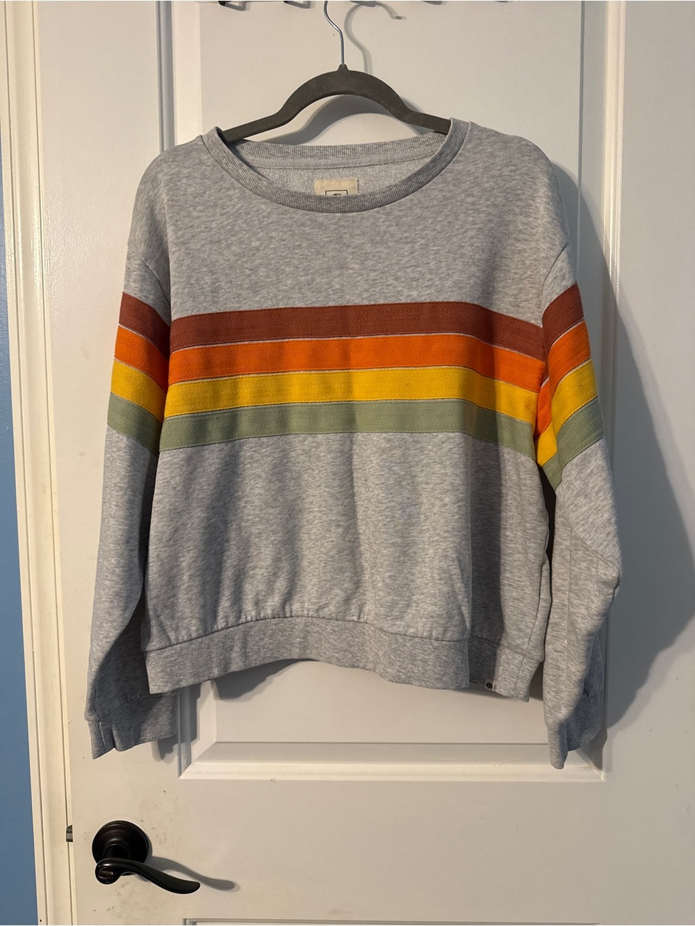 Rip Curl Light Gray Crewneck Sweatshirt with Warm Rainbow Stripes
